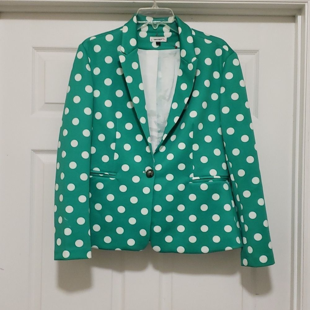 3 Devoted womens XL green white polka dot single button blazer jacket